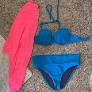 Blue Victoria secret bikini with pink kimono
